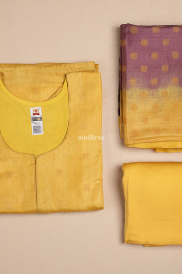 LEMON YELLOW & PURPLE TUSSAR SEMI STITCHED SUIT SET( 3 PC SET)