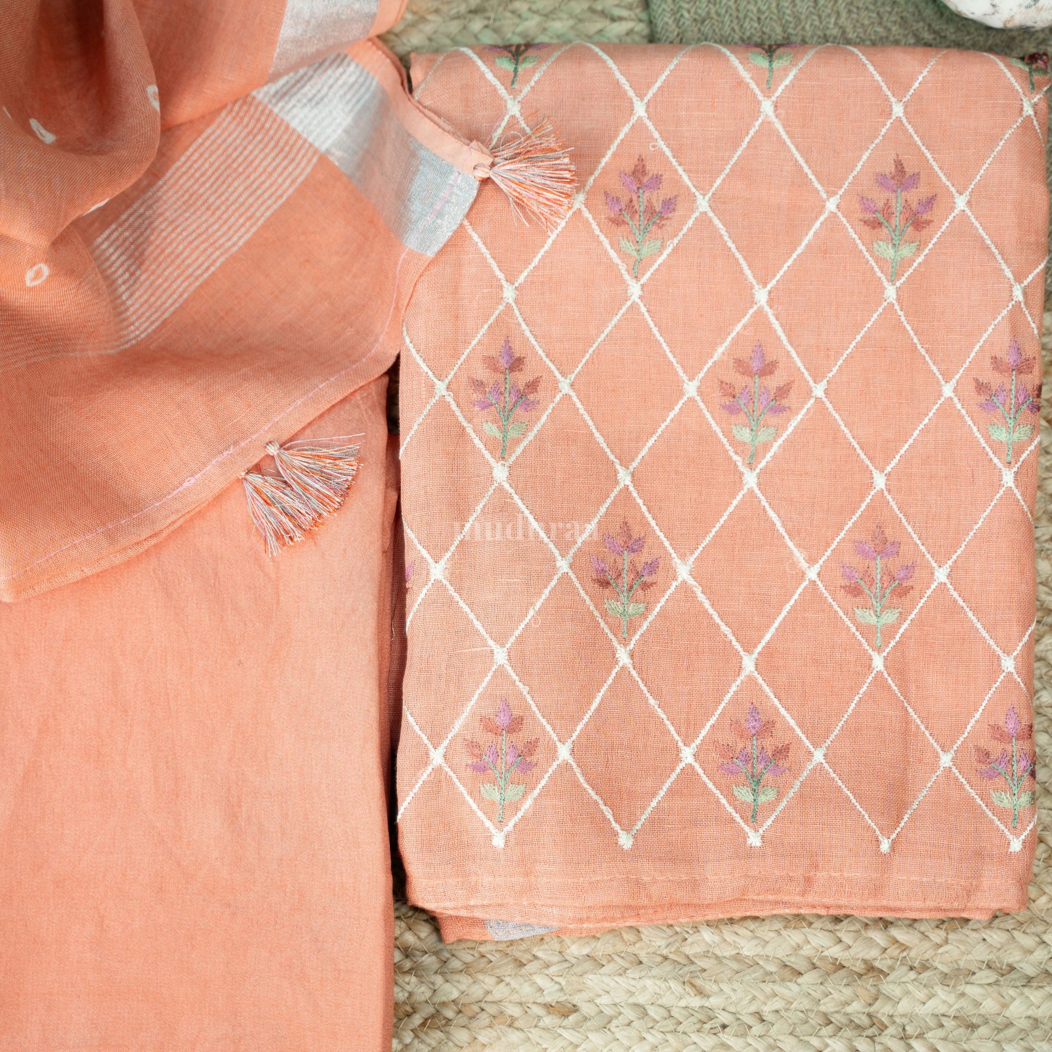 Orange embroidered pure linen suit set