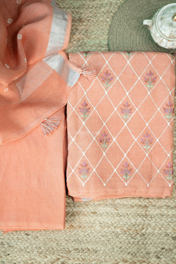 Orange embroidered pure linen suit set