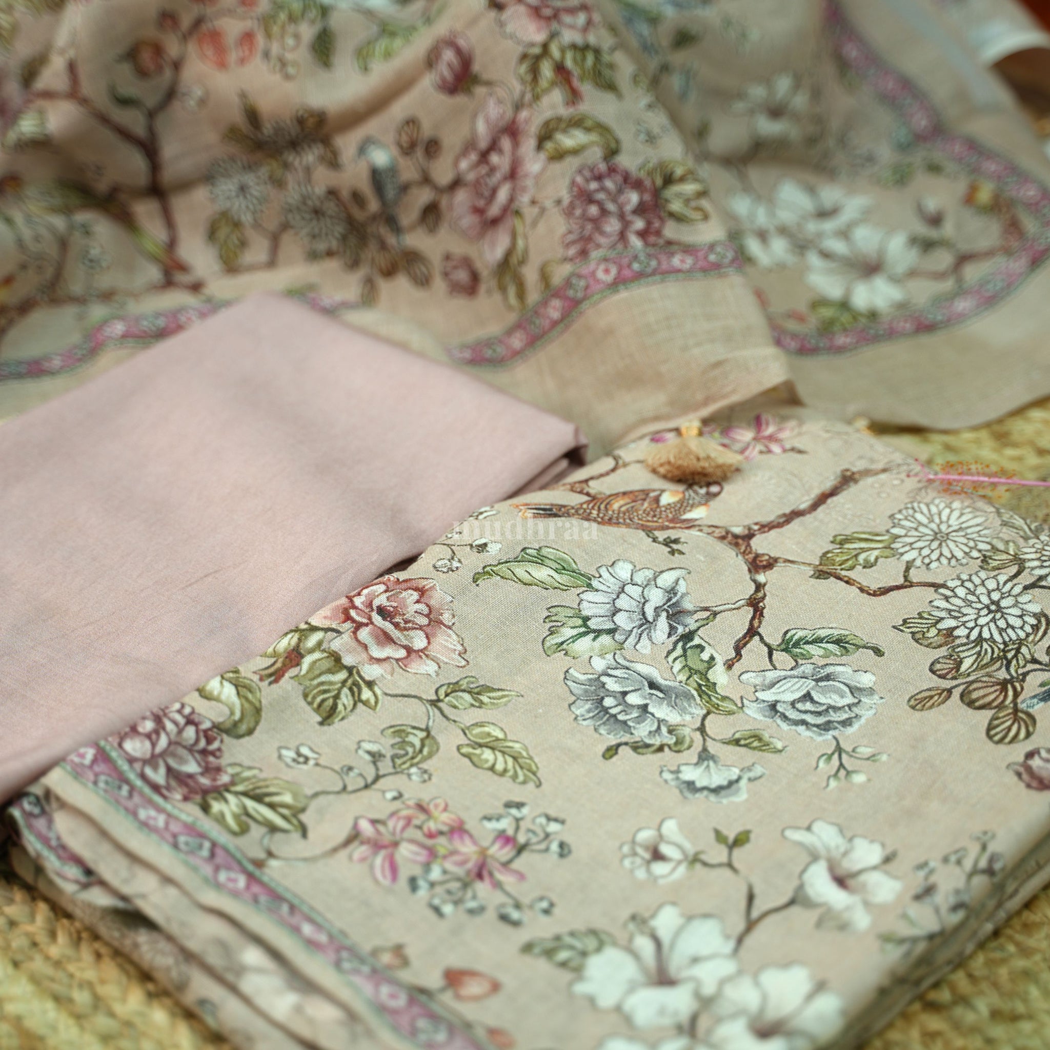 Beige and pink pure linen floral suit set