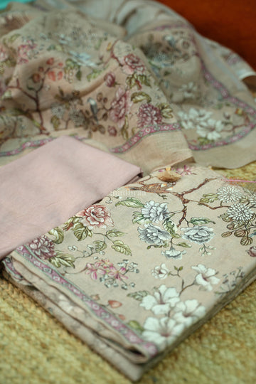 Beige and pink pure linen floral suit set