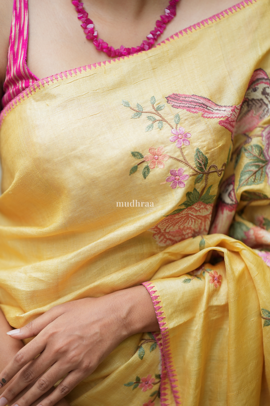 PASTEL YELLOW EMBROIDERED TUSSAR SAREE