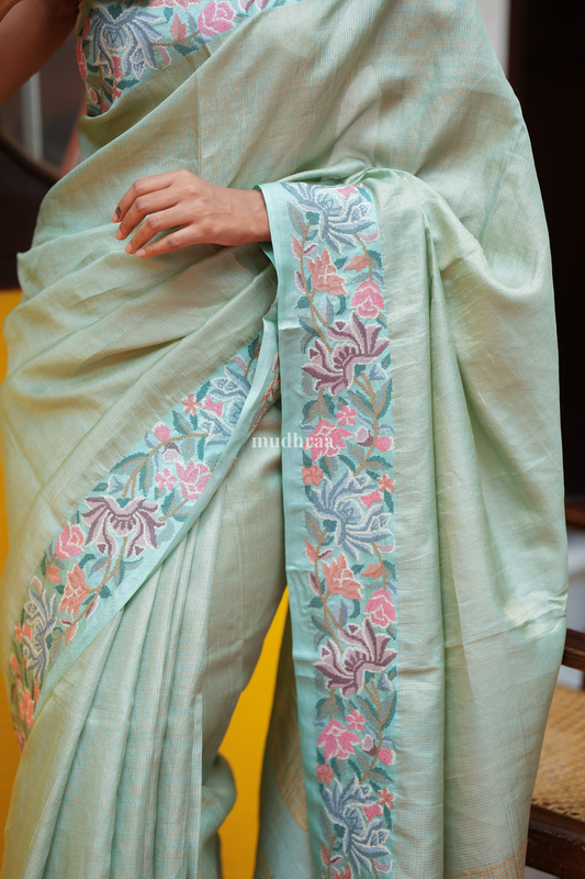 PASTEL SKY FLORAL ZARI STRIPED SAREE