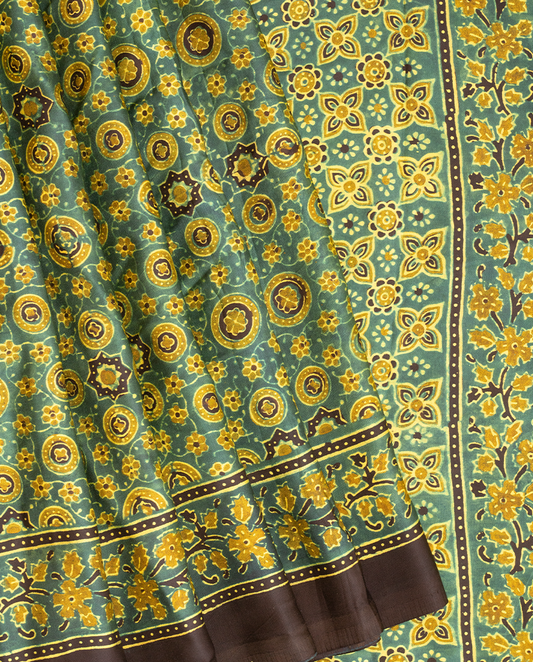 GREEN HANDBLOCK PRINTED MODAL SILK SAREE