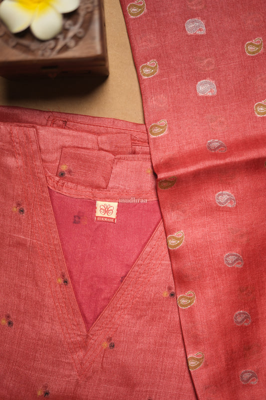 TOMATO RED SEMI-STITCHED TUSSAR SUIT SET