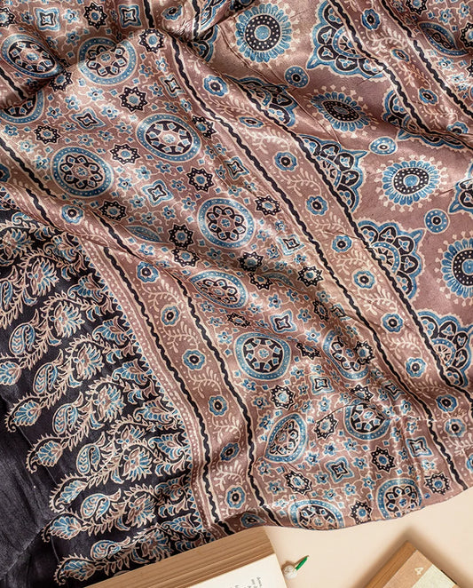 Taupe ajrakh printed modal silk saree