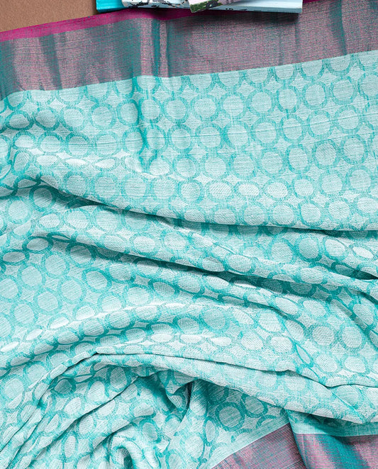 Sky blue & pink handwoven cotton saree