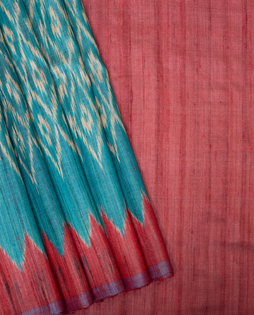 Turquoise & Crimson Red Handwoven Ikkat Tussar Silk Saree