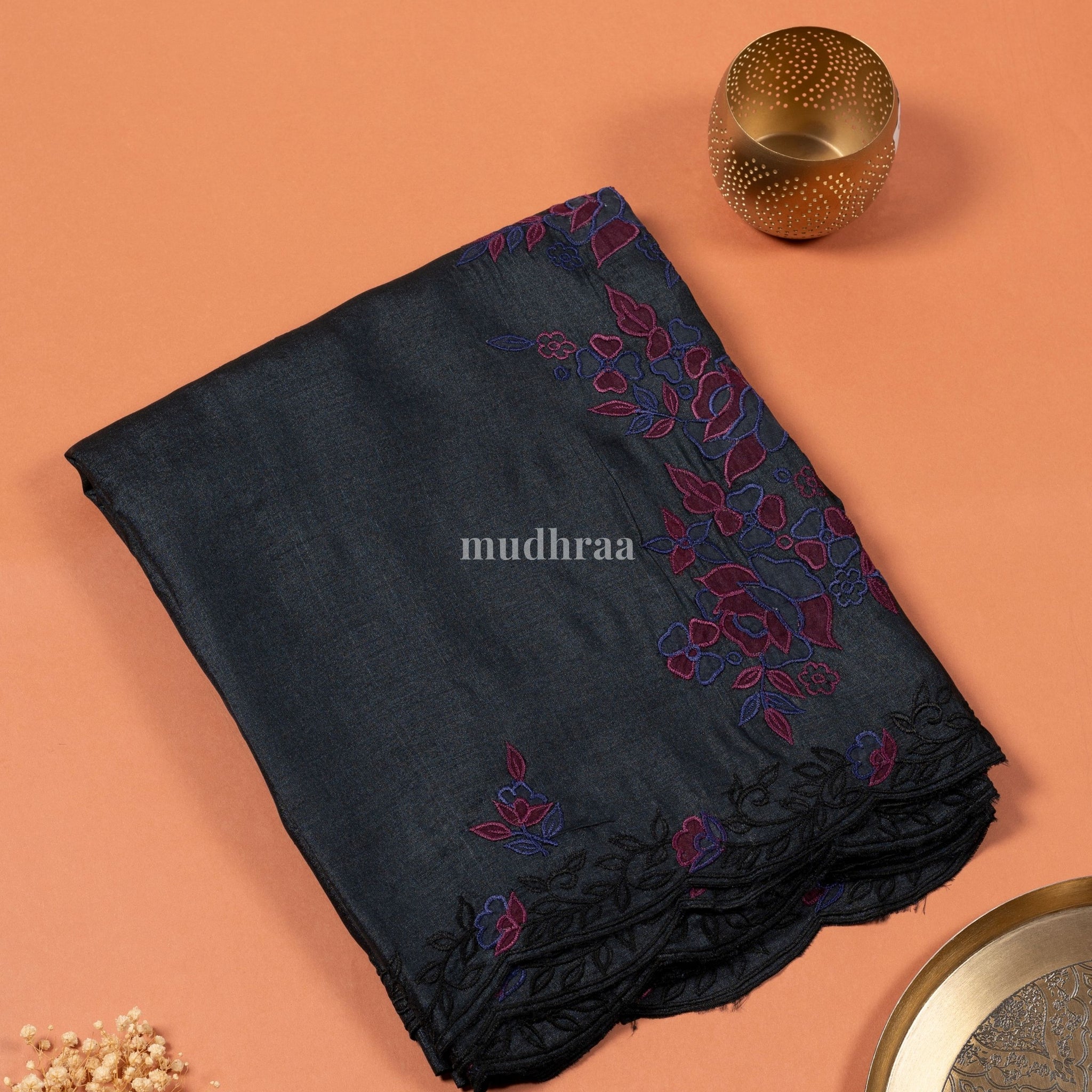 Jet Black Embroidered Tussar Saree