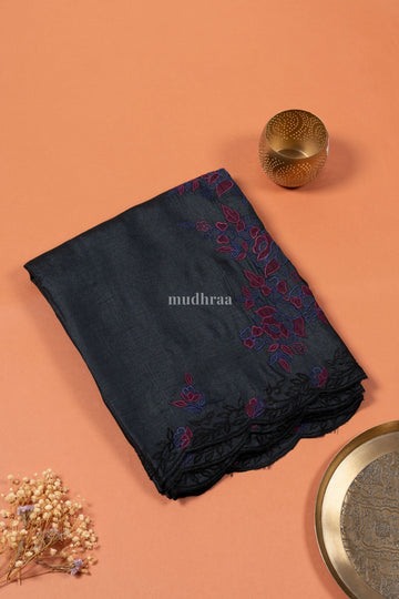 Jet Black Embroidered Tussar Saree