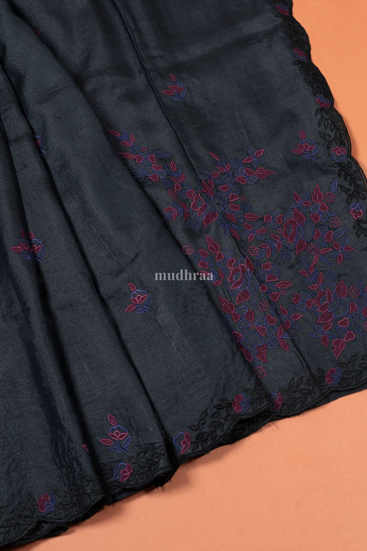 Jet Black Embroidered Tussar Saree