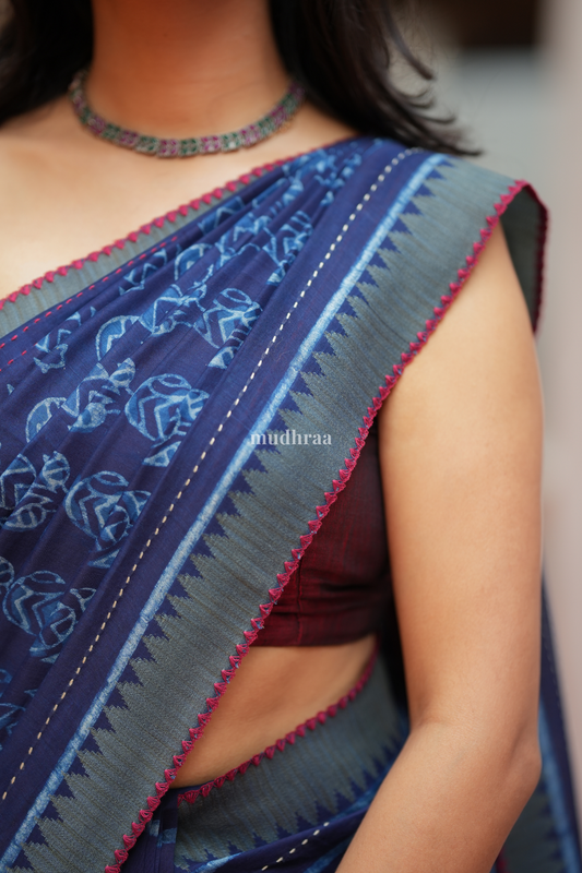 INDIGO PAISLEY KANTHA CHANDERI GHICHA SAREE