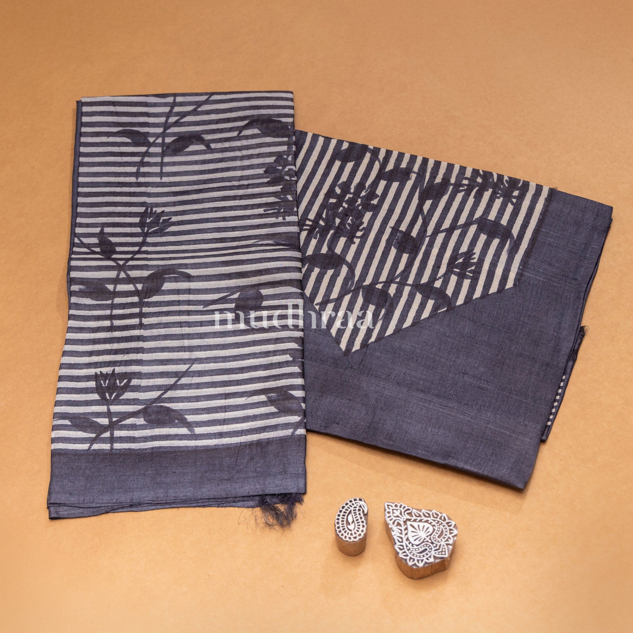 CHARCOAL BLACK HANDBLOCK PRINTED TUSSAR SUIT SET