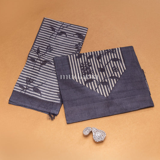 CHARCOAL BLACK HANDBLOCK PRINTED TUSSAR SUIT SET