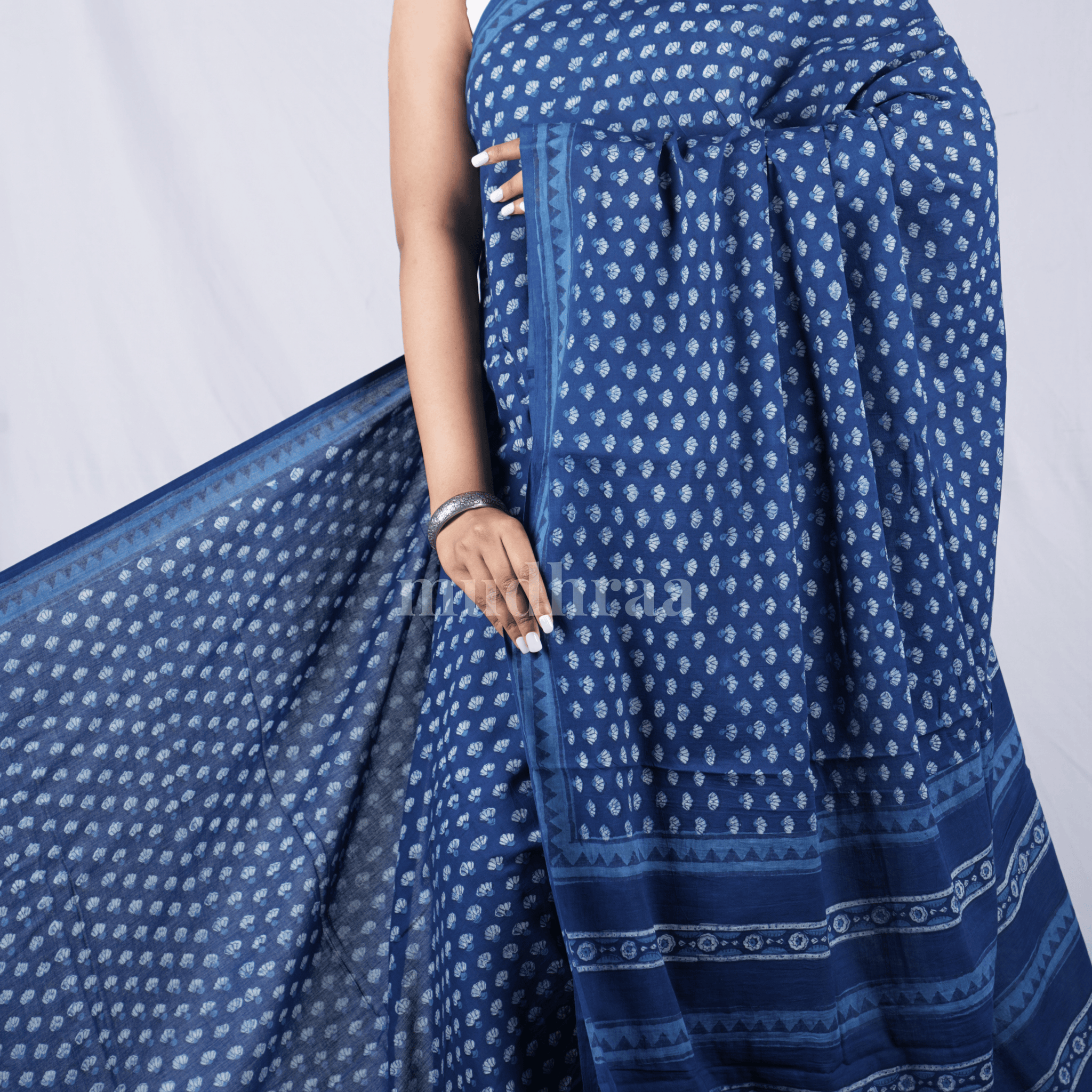 INDIGO TINY FLOWERS AJRAKH HANDBLOCK PRINTED MUL COTTON SAREE