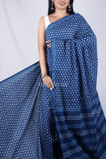 INDIGO TINY FLOWERS AJRAKH HANDBLOCK PRINTED MUL COTTON SAREE