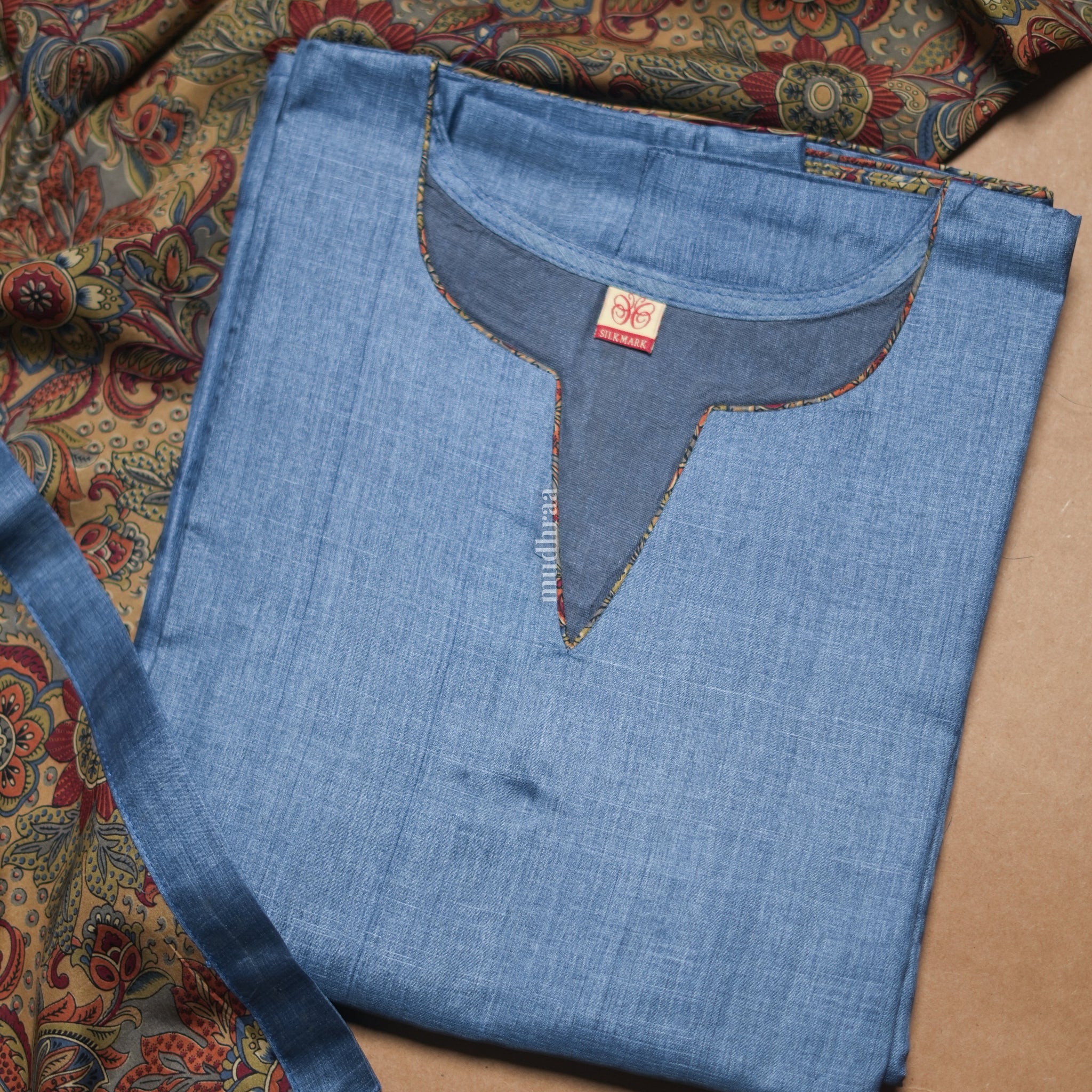 STEEL BLUE SEMI-STITCHED TUSSAR SUIT SET