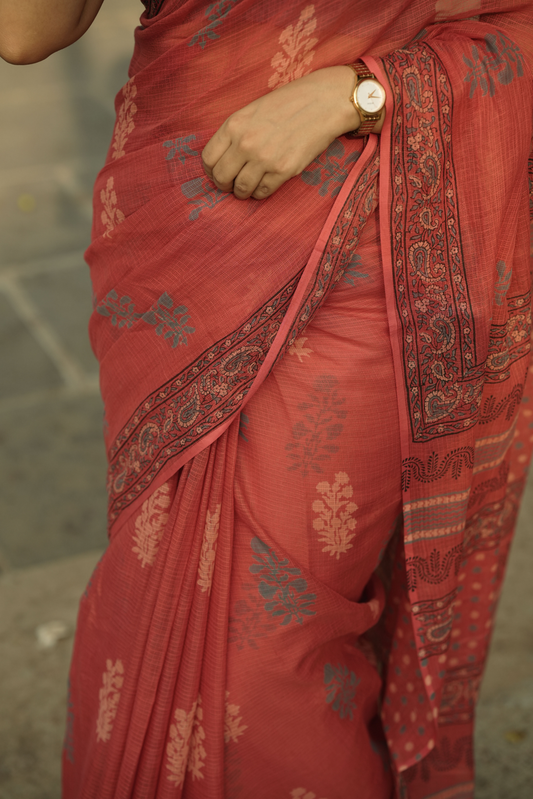 PINKISH RED HANDBLOCK PRINTED KOTA COTTON SAREE