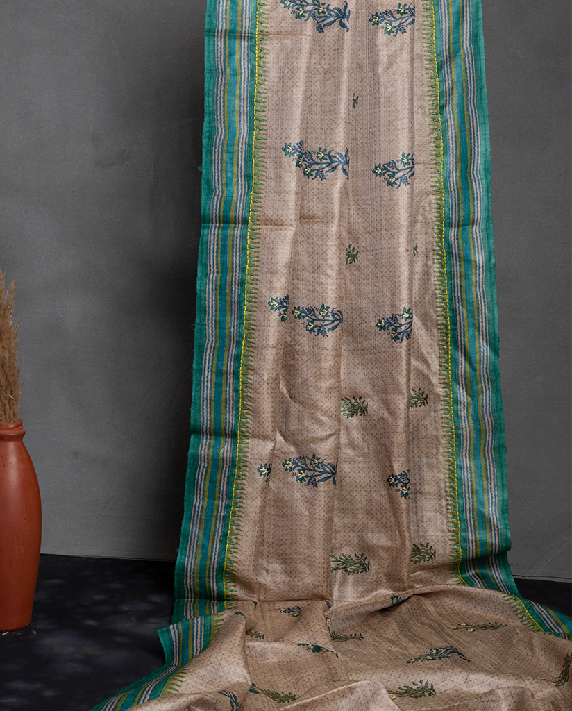 Ivory & Turqoise Hand Embroirered and Handblock Printed Tussar Silk Saree