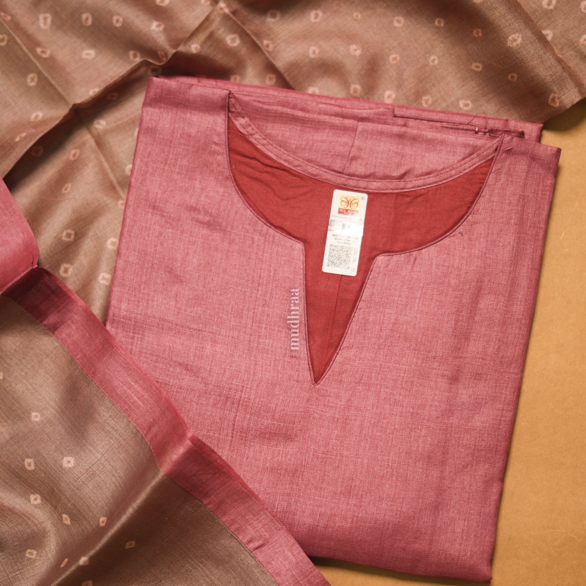 ROUGE & TAUPE SEMI-STITCHED TUSSAR SUIT SET