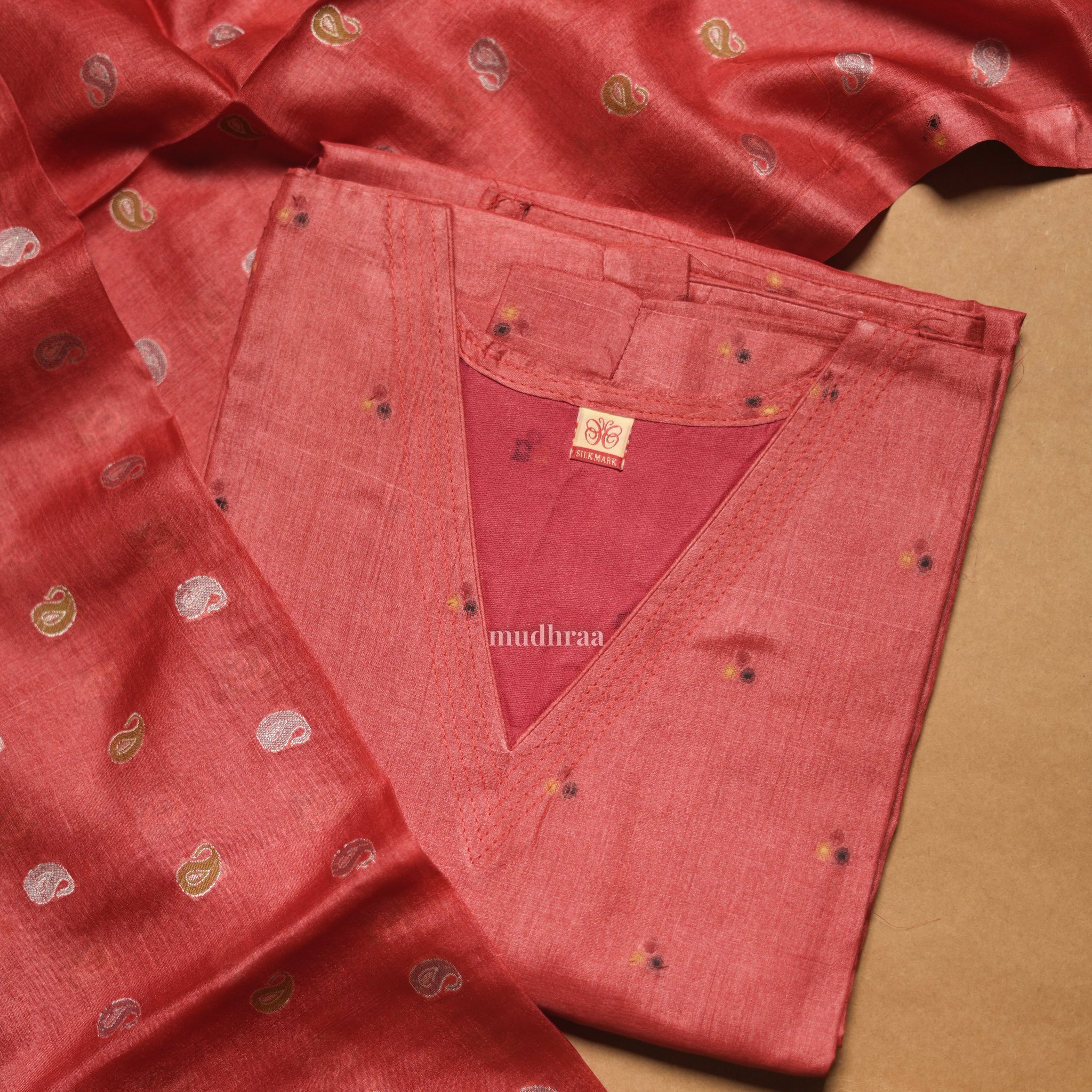 TOMATO RED SEMI-STITCHED TUSSAR SUIT SET