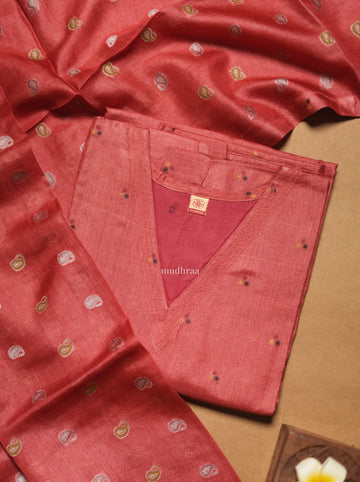 TOMATO RED SEMI-STITCHED TUSSAR SUIT SET