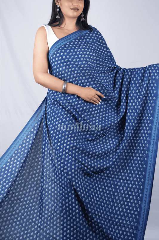 INDIGO TINY FLOWERS AJRAKH HANDBLOCK PRINTED MUL COTTON SAREE