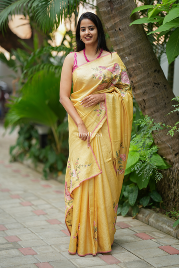 PASTEL YELLOW EMBROIDERED TUSSAR SAREE