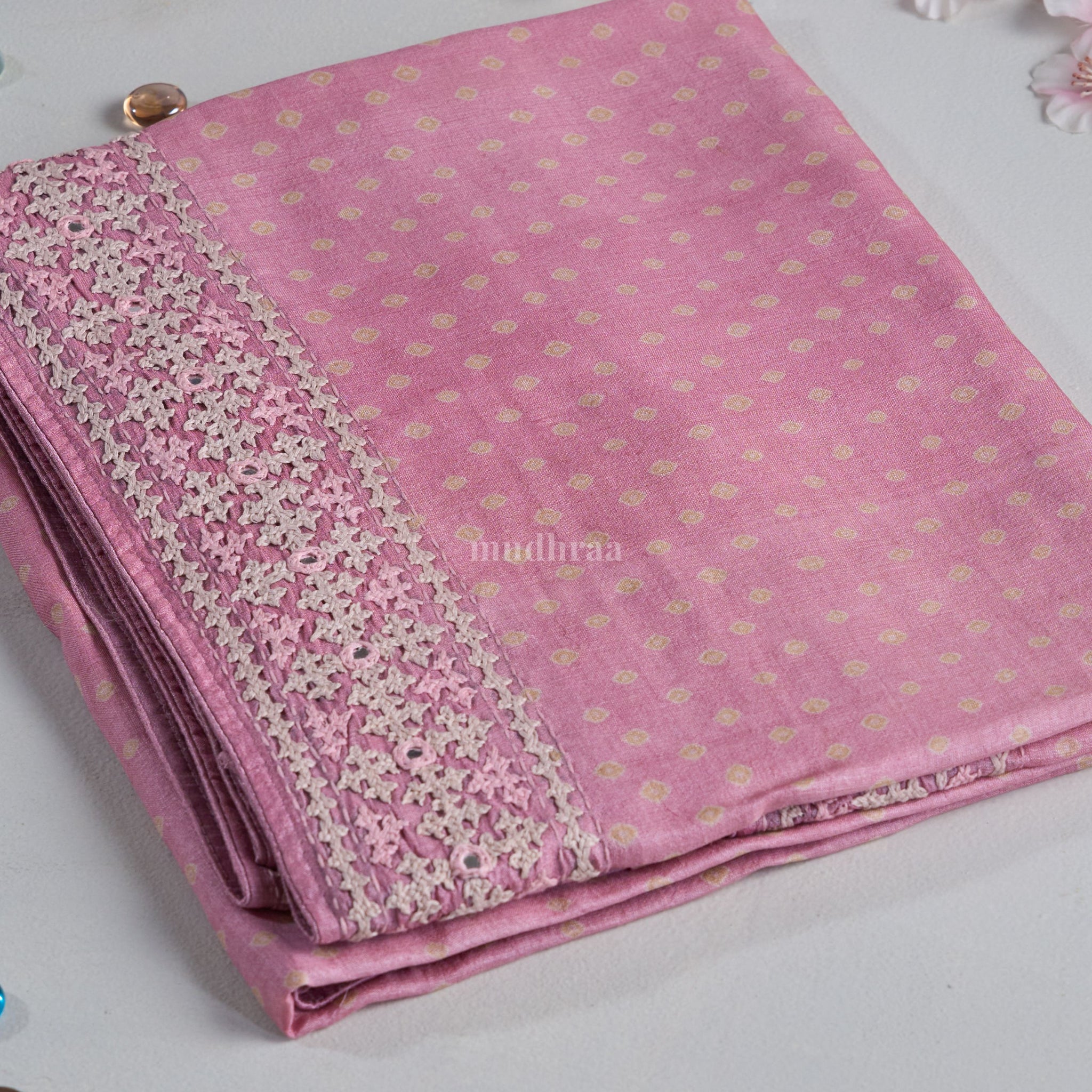 BABY PINK KUTCH EMBROIDERED BANDHANI TUSSAR SAREE