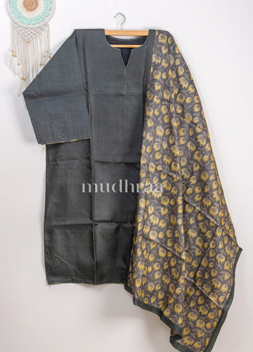 Greyish Black semi-stitched tussar suit set