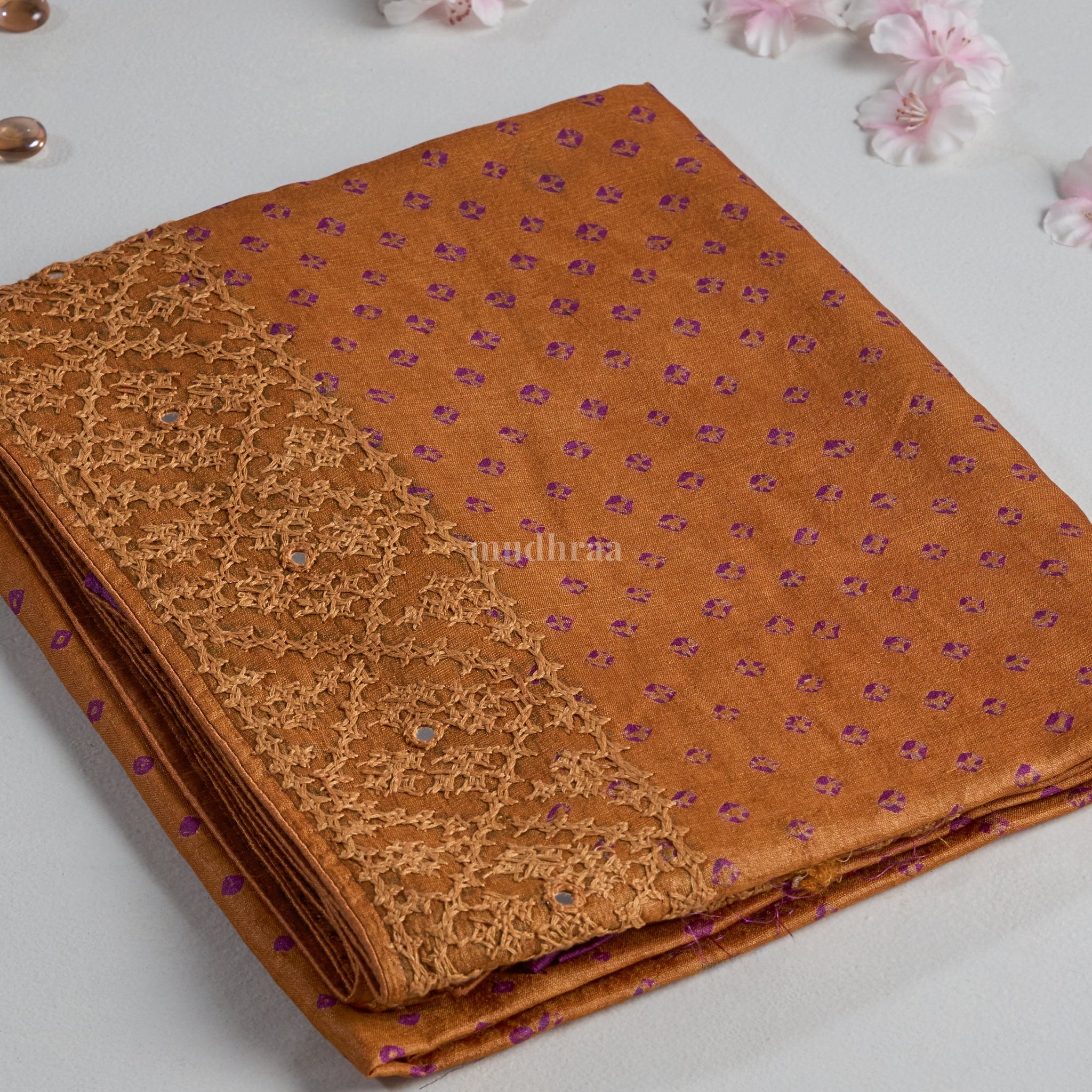 MUSTARD KUTCH EMBROIDERED BANDHANI TUSSAR SAREE