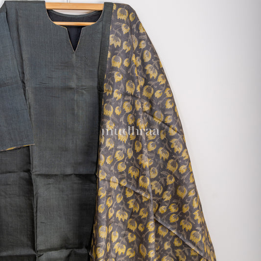 Greyish Black semi-stitched tussar suit set