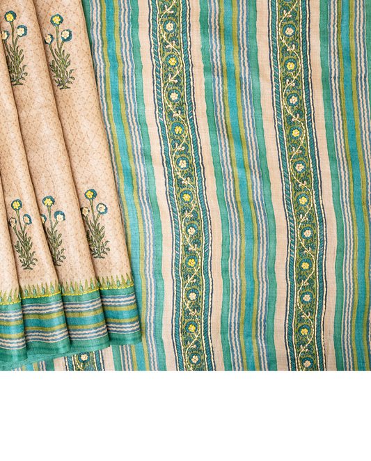 Ivory & Turqoise Hand Embroirered and Handblock Printed Tussar Silk Saree