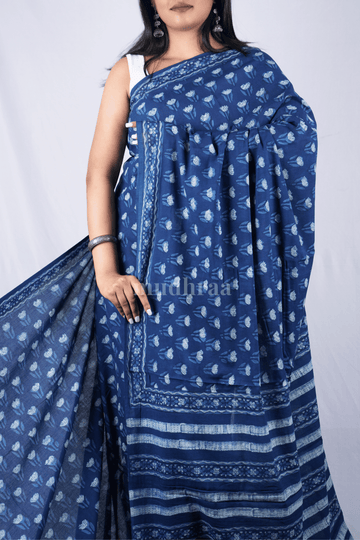 INDIGO DAISY AJRAKH HANDBLOCK PRINTED MUL COTTON SAREE
