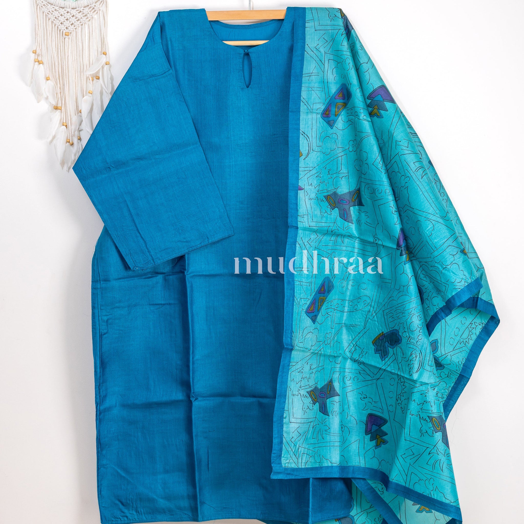 Cerulean Blue semi-stitched tussar suit set