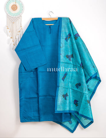 Cerulean Blue semi-stitched tussar suit set