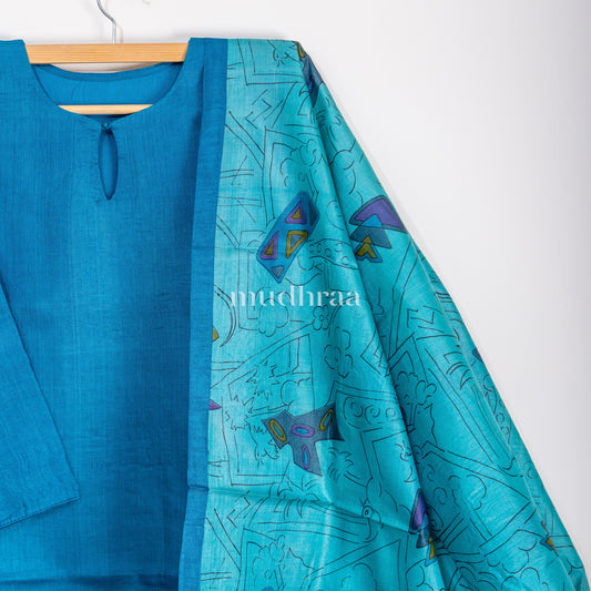 Cerulean Blue semi-stitched tussar suit set