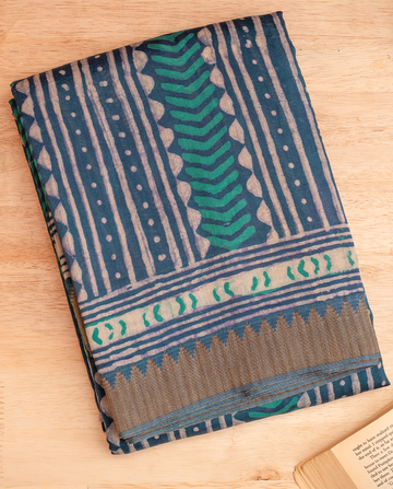 BLUE GREEN CHANDERI JUTE SAREE