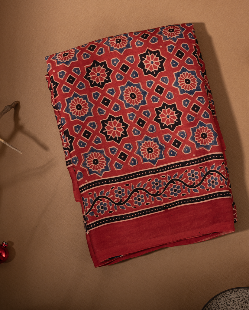 RED HANDBLOCK PRINTED MODAL SILK SAREE