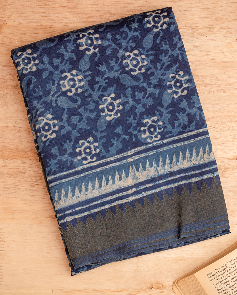 INDIGO CHANDERI JUTE BORDER SAREE