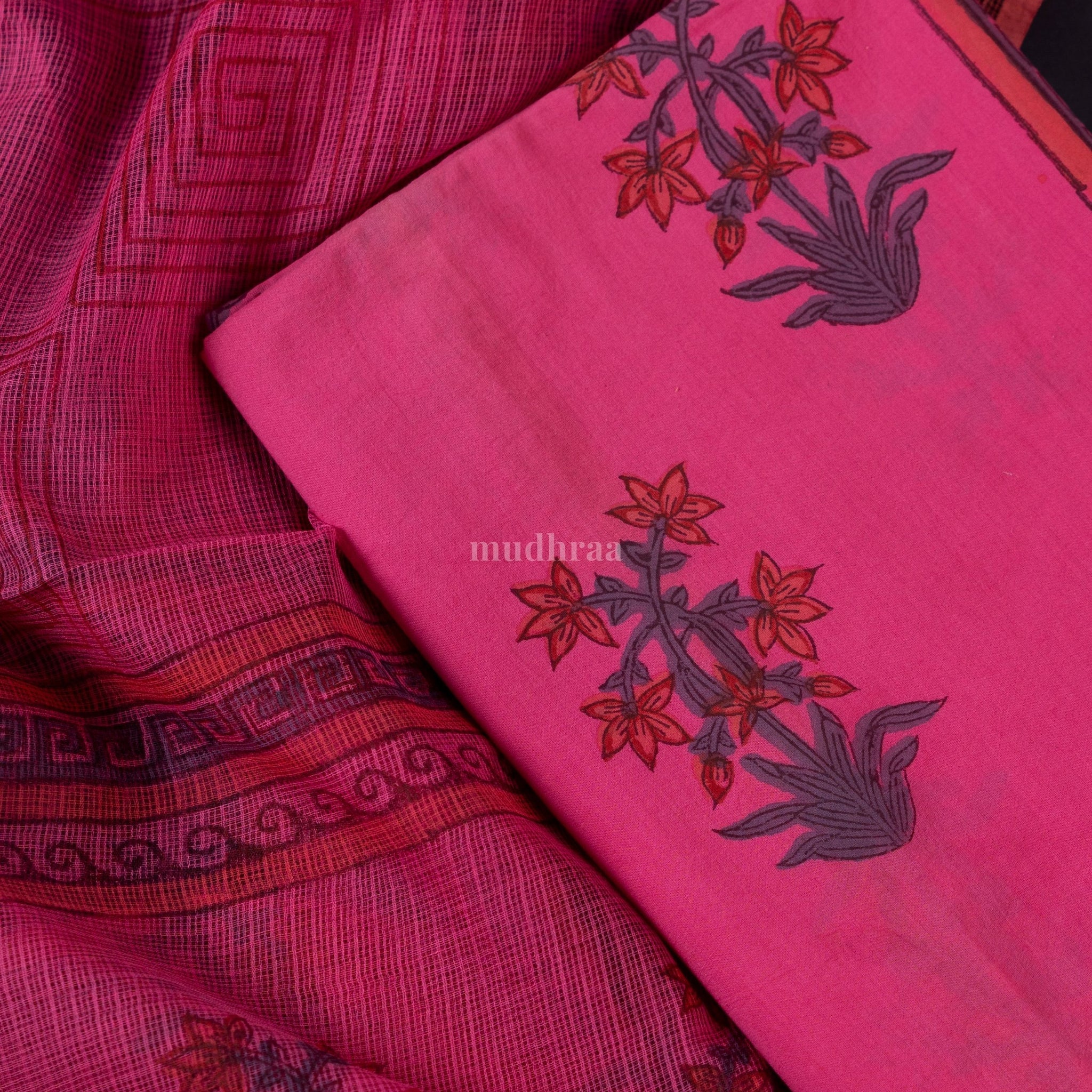 BRIGHT PINK & ORANGE HANDBLOCK PRINTED COTTON SUIT SET