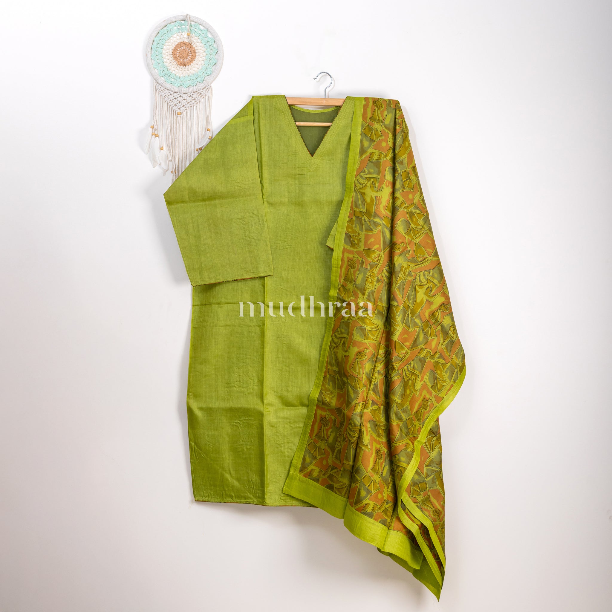 Pea Green semi-stitched tussar suit set