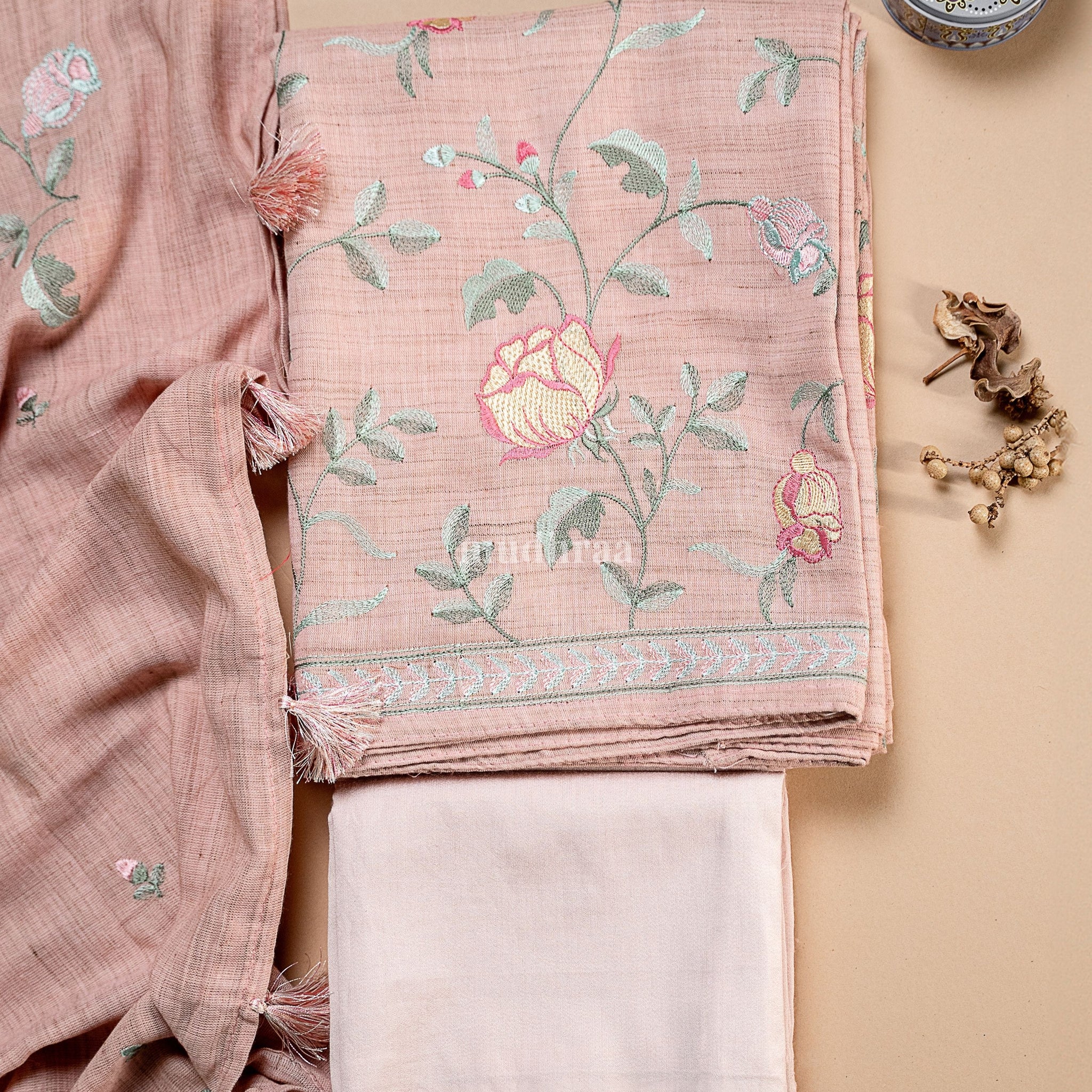 Pink Khadi Embroidered Suit Set