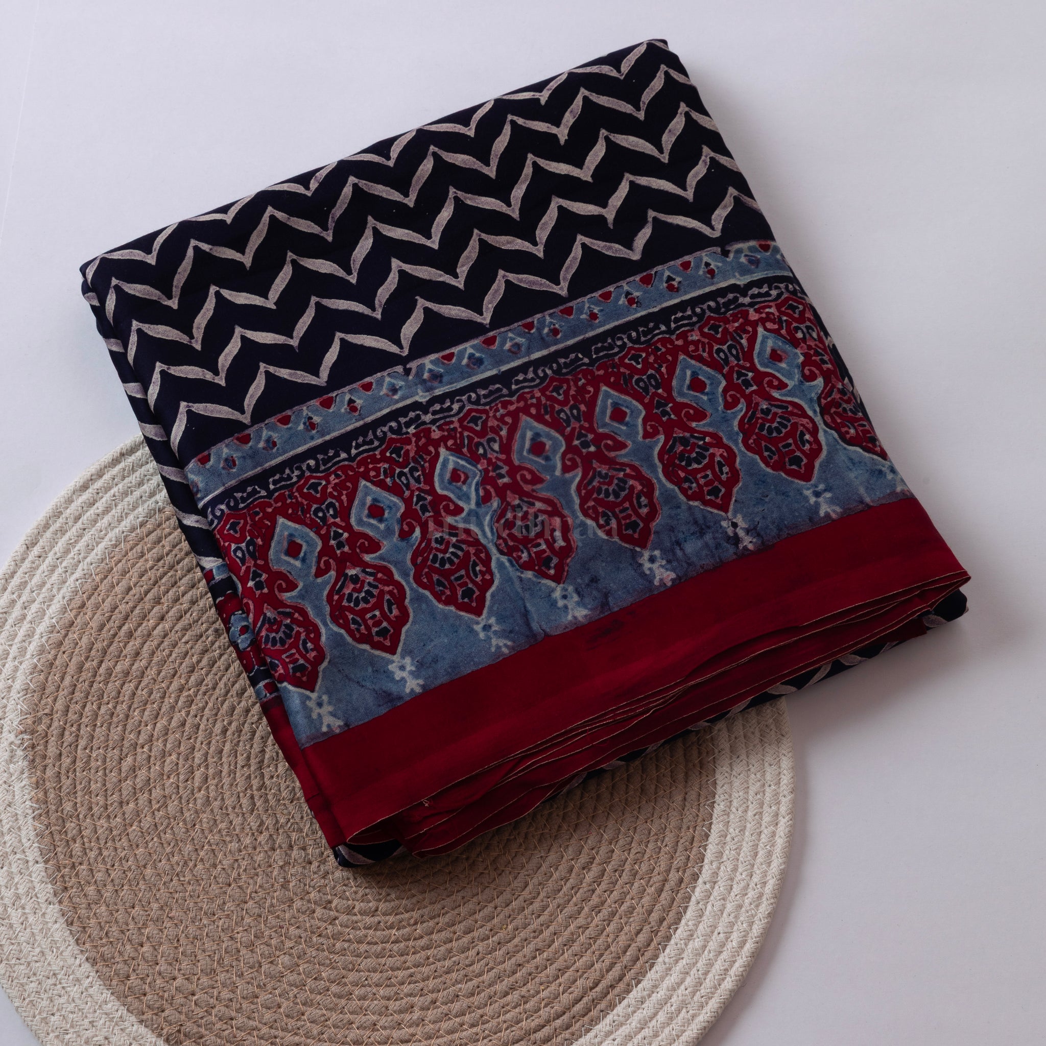BLACK GEOMETRIC AJRAKH HANDBLOCK PRINTED MODAL SAREE