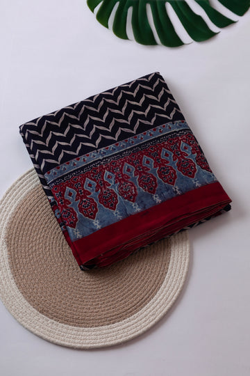 BLACK GEOMETRIC AJRAKH HANDBLOCK PRINTED MODAL SAREE