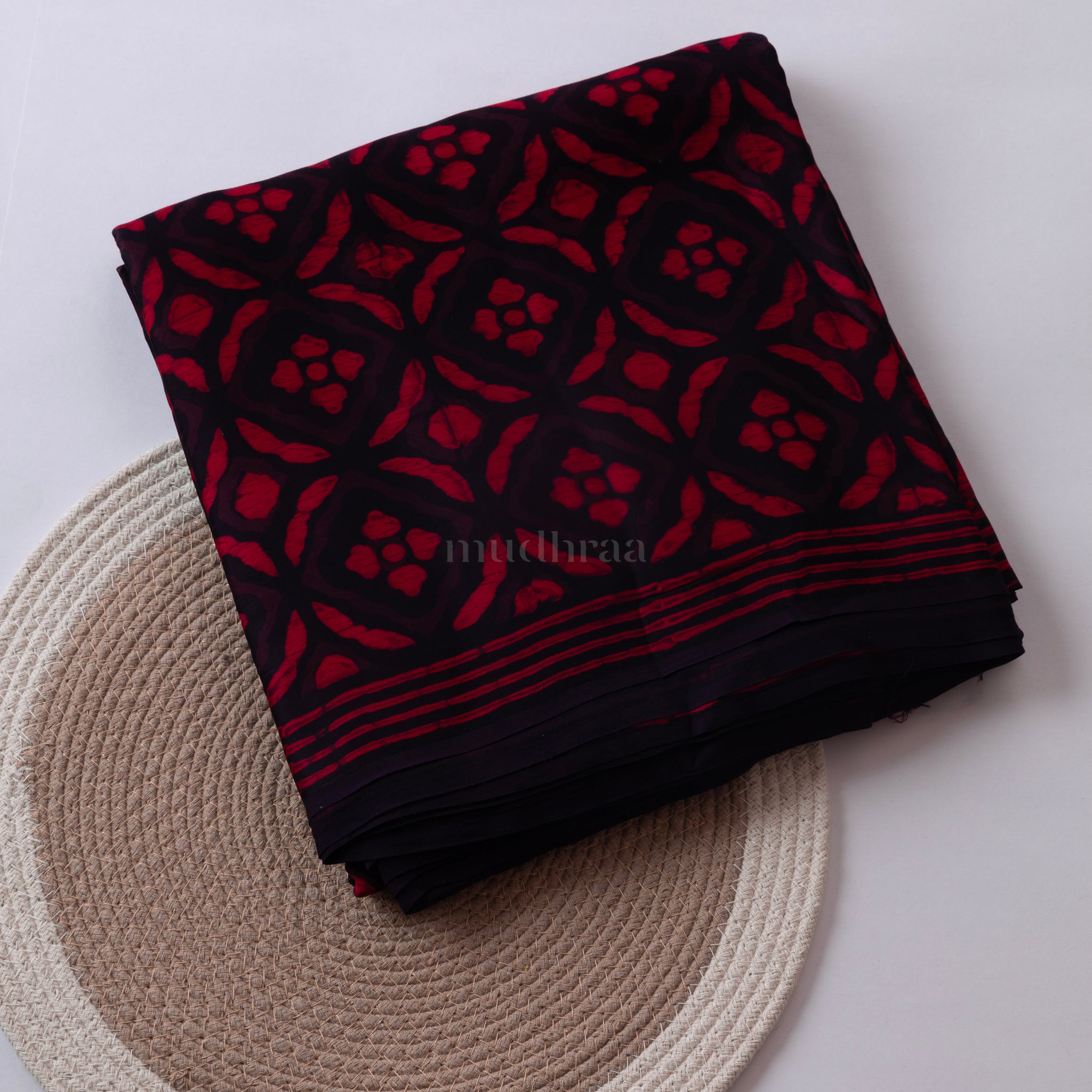 RED & BLACK HANDBLOCK PRINTED MODAL SAREE