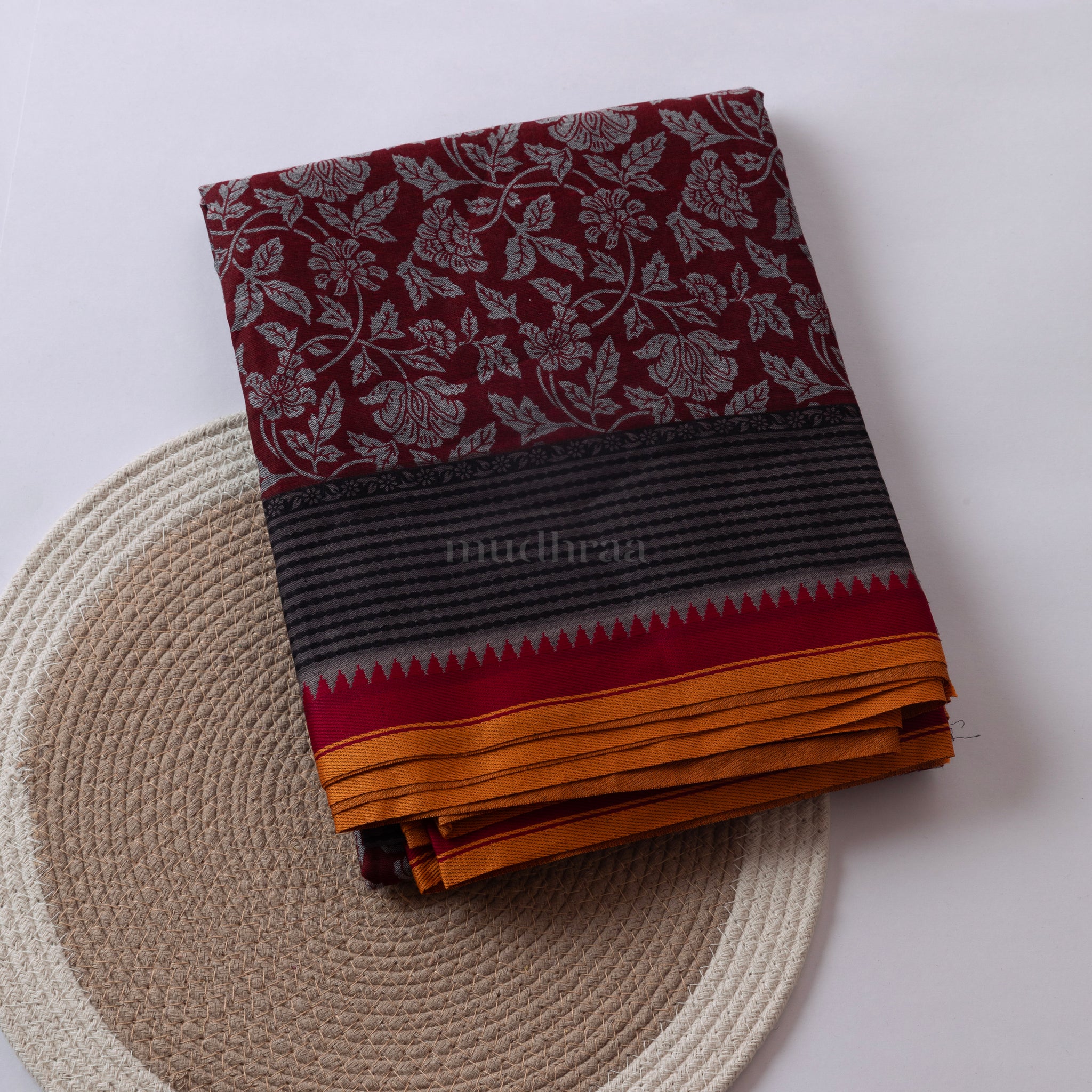 MAROON GREY PRINTED COTTON SAREE