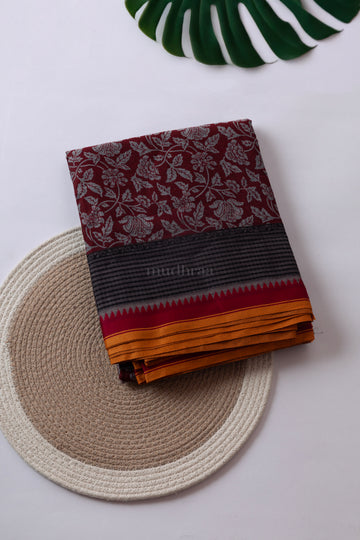 MAROON GREY PRINTED COTTON SAREE