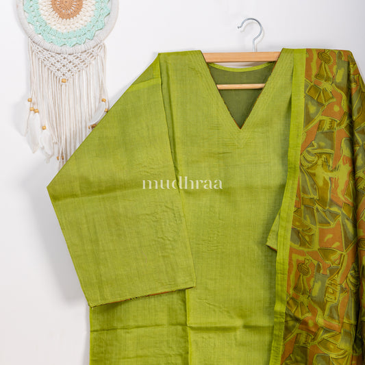 Pea Green semi-stitched tussar suit set