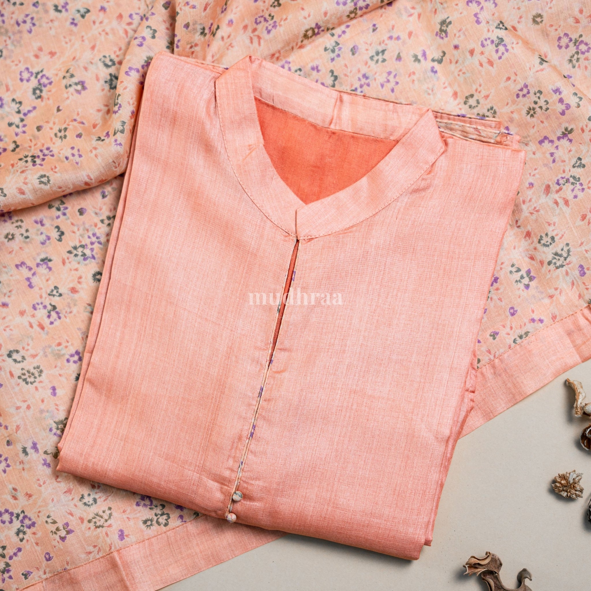 Peach Pure Tussar Semi-Stitched Suit Set